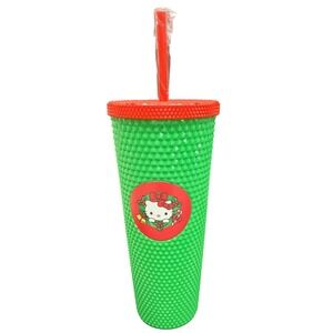 Hello‎ Kitty Holiday Spiked Studded Tumbler Green Red with Straw New 24oz